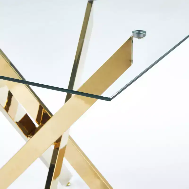 Square Tempered Glass Dining Table with Gold Cross Metal Legs, Space-Saving, 90x90x75cm