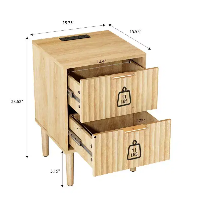 Oak Nightstand with 2 Drawers & Built-In USB, Type-C & AC Outlets, 15.7W, MDF