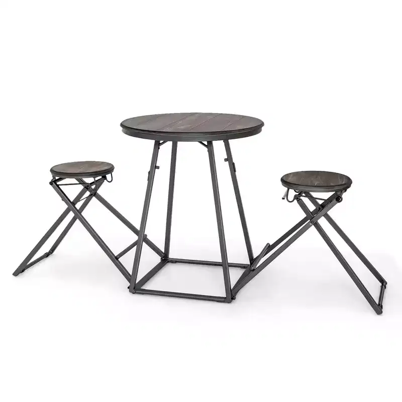 Costway 3-Piece Bar Table Set Round Pub Dining Table & 2 Foldable Stools w/ Metal Frame