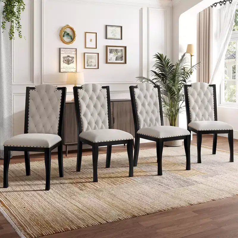 GDFStudio Ziegler Upholstered Dining Chairs with High Back Diamond Button Tufted and Solid Wood Legs (Set of 4)