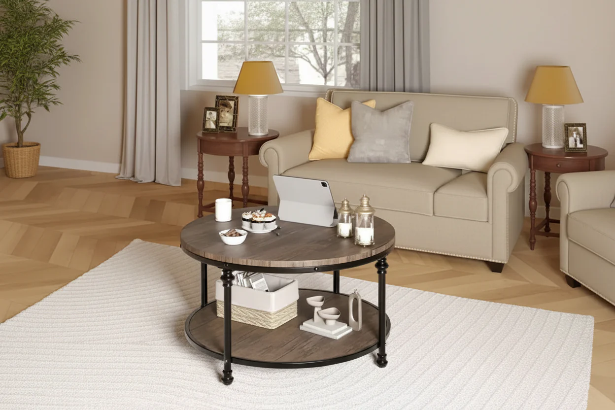 Round Coffee Table, 2 Tier Wooden Coffee Table with Metal Frame, Vintage Rustic Circle Coffee Table with Storage