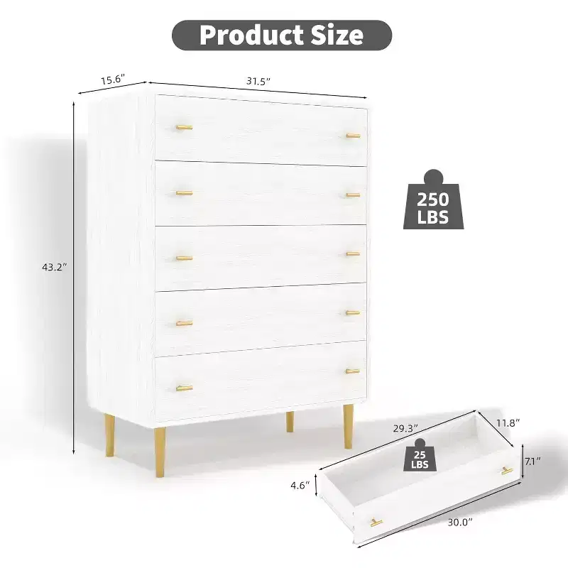 Acekool 5 Drawer Dresser, 44 Tall White Rustic Chest with Bar Handles, Modern Farmhouse Storage Organizer for Bedroom, Living Room