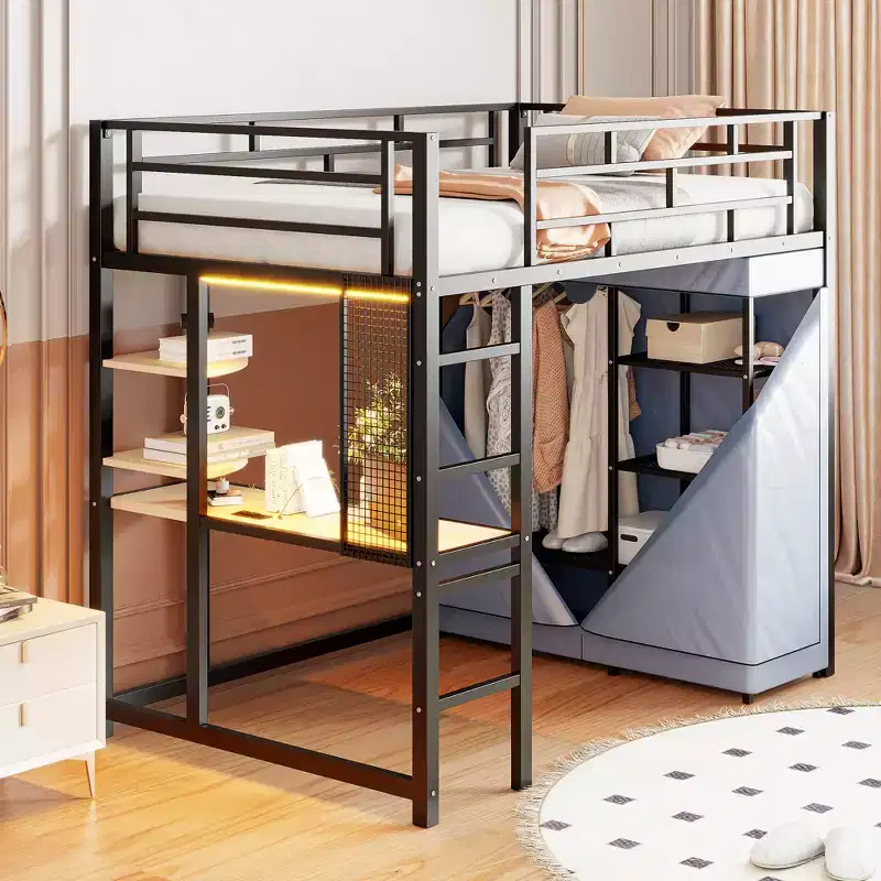 Twin/Full Size Metal Loft Bed with Desk, Shelves, LED Light & Wardrobe