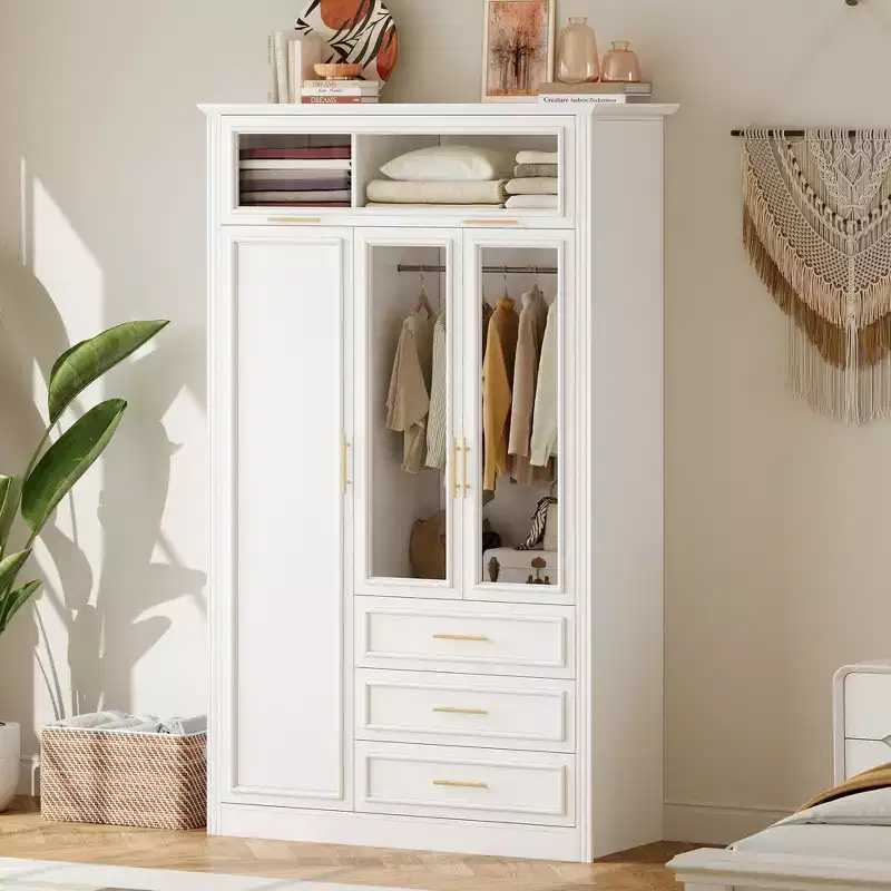 3 Door Wardrobe Armoire Closet with LED and 3 Drawers - White