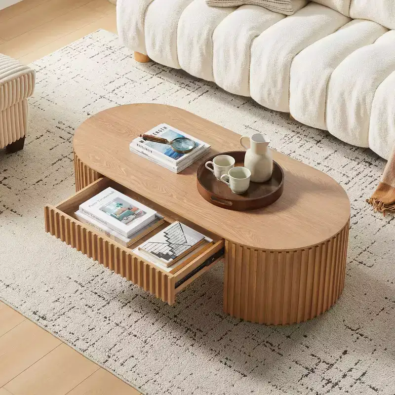 GDFStudio Manuel Modern Wooden Oval Pedestal Coffee Table with Drawer and Handcrafted Relief