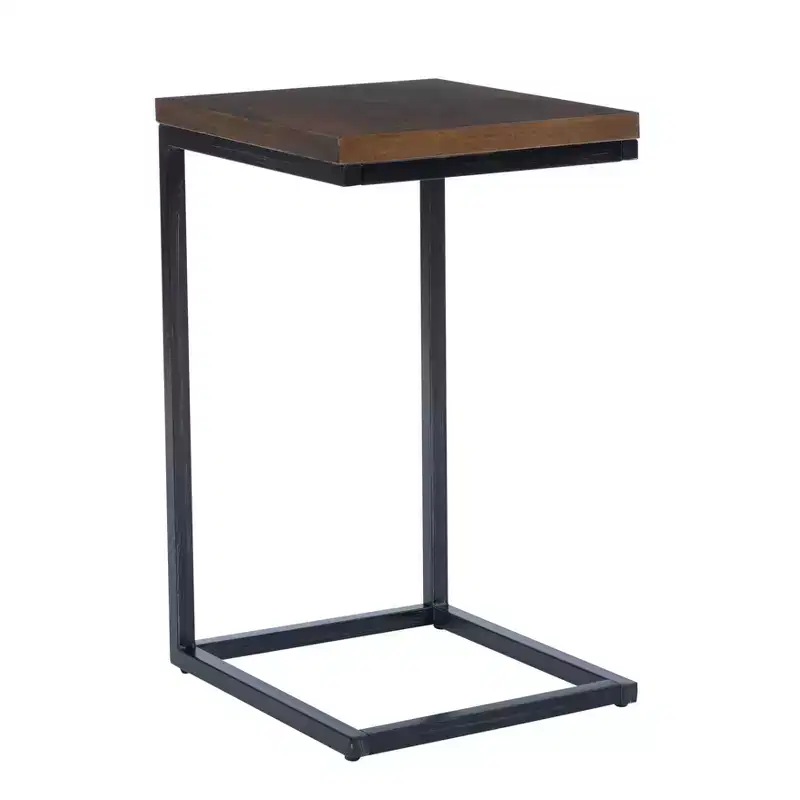 Traditional C Style Accent Table Walnut Wood and Hand Distressed Black Metal Frame - : Sofa Side, Bedroom Use