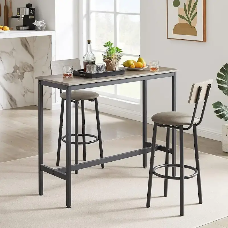 3 Pieces Bar Table and 2 Chairs Set, Industrial Style Bar Stools PU Upholstery Seat with Backrest