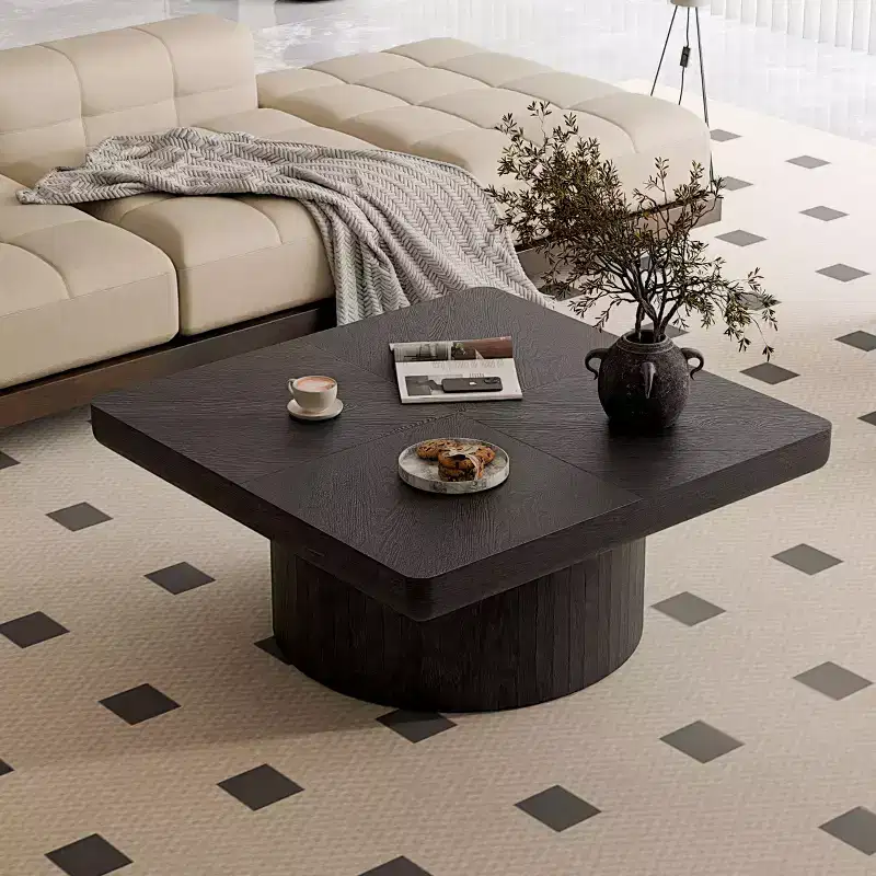 Vintage Square Fluted Coffee Table with Parquet Pattern, Solid Wood Veneer Center Table for Living Room, Bedroom
