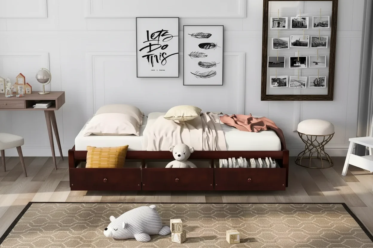 Twin Size Platform Bed, Wooden Storage Bed Frame with 3 Drawers