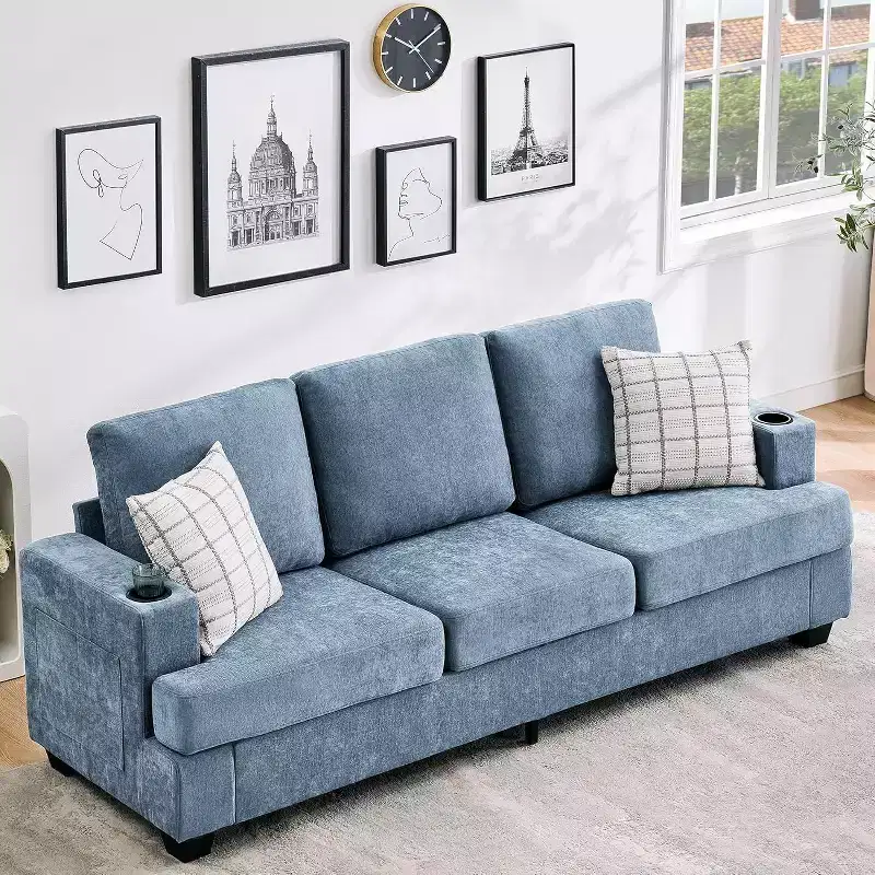 89 Modern Blue 3-Seater Sofa, Deep Seat with Cup Holders and Side Storage Pockets, for Living Room and Apartment
