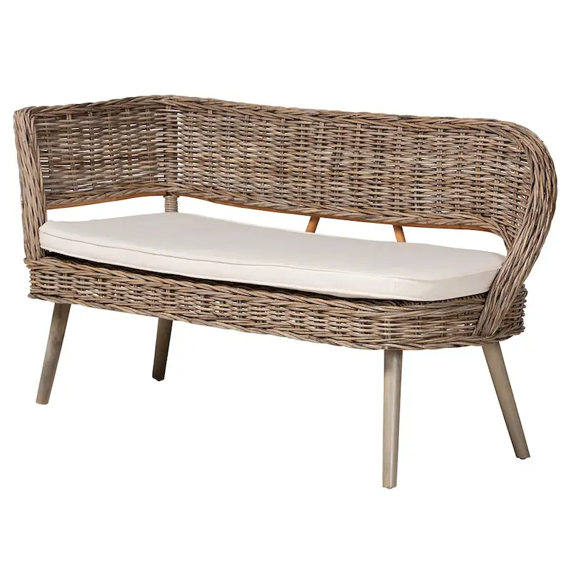 Modern Bohemian Natural Kubu Rattan and Acacia Wood Dining Nook Banquette