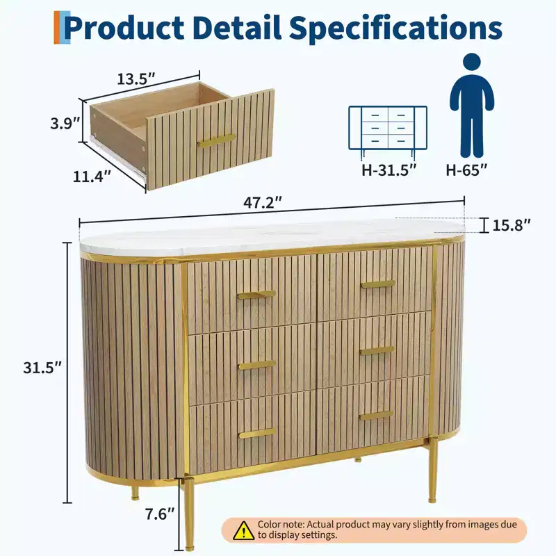 6 Drawer Dresser for Bedroom, 47W Wood Chest of Drawers with Faux Marble Top, Fluted Dresser TV Stand, Clothes Storage Organizer for Bedroom