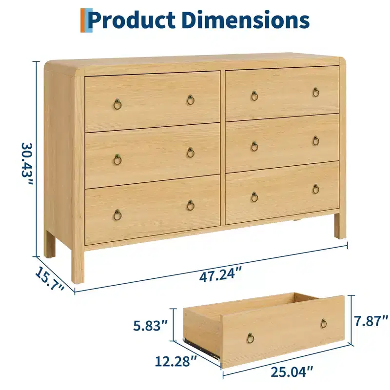 Hallway 47 Wide 6 Drawer Dresser for Bedroom, Wooden Chest of Drawers w/ Large Storage & Metal Handles, Modern Low Profile Storage Organizer