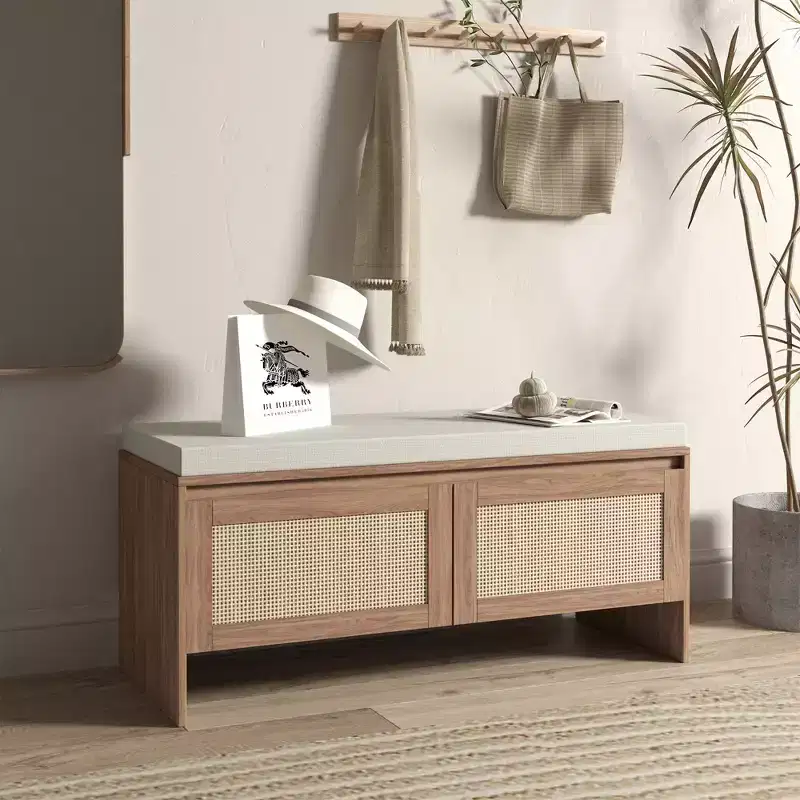 Rattan Shoe Storage Bench with Cushion, Compact Entryway Shoe Cabinet with Doors, Small Space Organizer, Hidden Shoe Rack with Seating