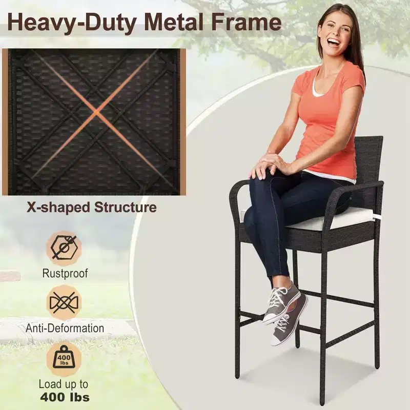 Costway 2PCS Patio PE Wicker Bar Chairs Counter HeightBarstools with Armrests &Cushions