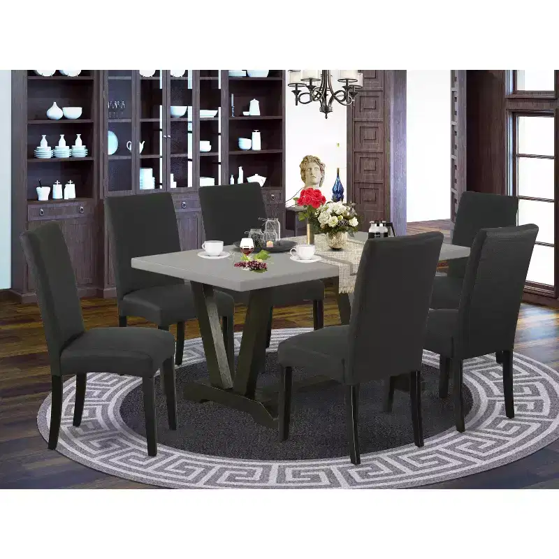 HomeStock 7 Piece Multi-Color Rectangle Dining Room Table Set with Linen Fabric Chairs