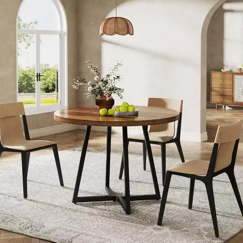 Lantine Round Dining Table for 2, 31.5 Industrial Dinner Table with Metal Base, Kitchen Table for Dining Room, Apartment