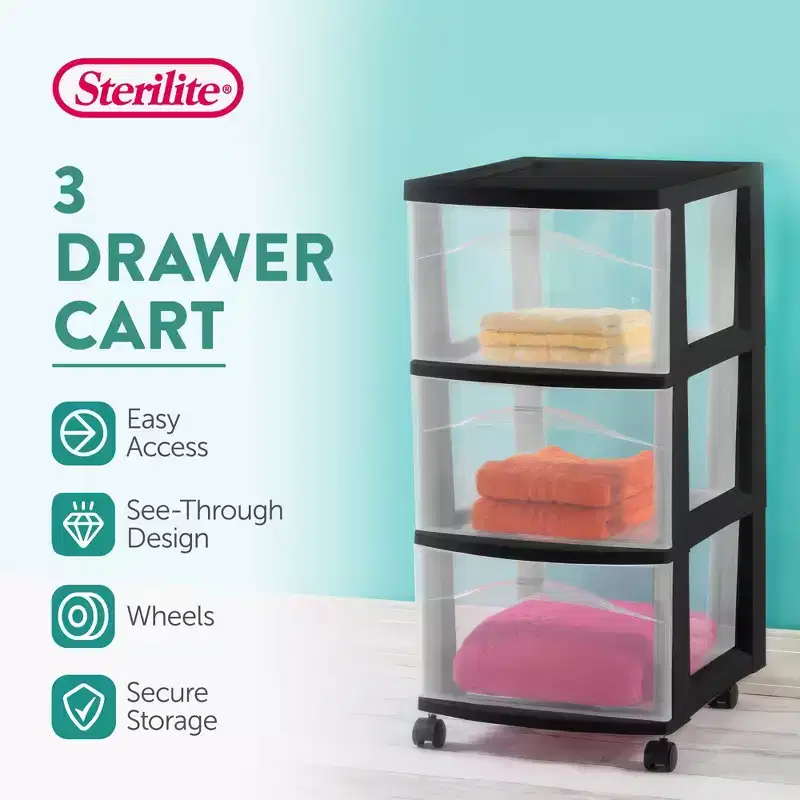 3-Drawer Plastic Rolling Storage Cart, Medium Organizer, Black, 4-Pack