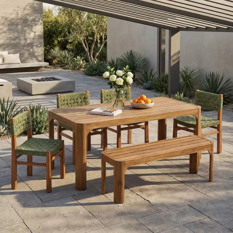 Christopher Knight Home Yuri Modern 6 Piece Patio Acacia Dining Set with Slatted Table and PE Wicker Design