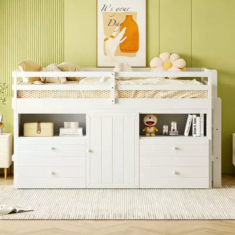 Luxystar Modern Twin Low Loft Bed with 4 Drawers, Cabinet and Shelves for Bedroom,