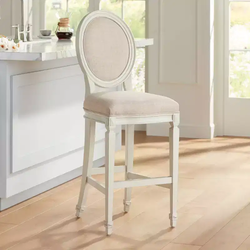 55 Downing Street Wood Bar Stool Vanilla Cream 31 High French Vintage Retro Almond Cushion with Backrest Footrest for Kitchen Counter Height Island