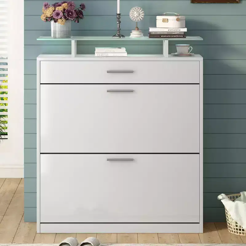 Okak Slim Shoe Cabinet, Freestanding Shoe Organizer with 2 Flip Drawer and 1 Sliding Drawer, Shoe Storage Cabinet for Entryway, Living Room