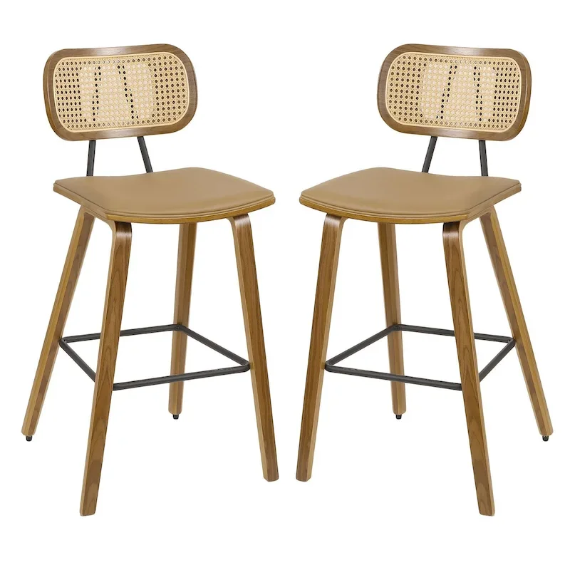 26-inch Wood Counter Height Bar Stools with Rattan Back