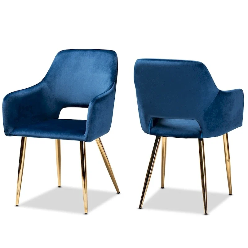 Glam Upholstered Dining Chair Set of 2 - Navy Blue Velvet with Gold Legs