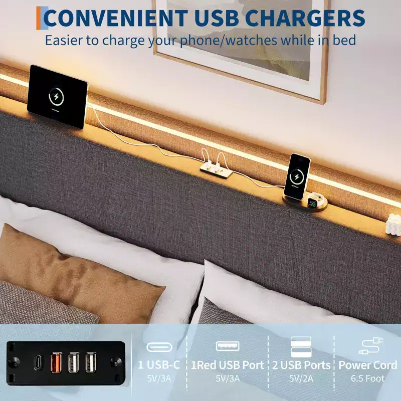 Fabric Upholstered Platform Bed Frame with Under Storage, Steel Slats, USB Charging and RGB LED Lights