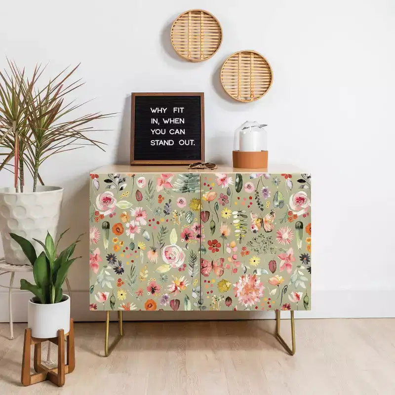 Countryside Colorful Plants Mid-Century Credenza - Baltic Birch, Green/Gold