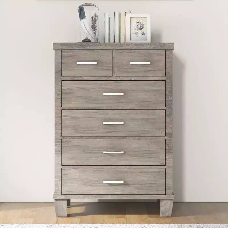 Zstar Modern 6-Drawer Dresser,45 Tall Grey Wooden Chest with Large Storage Drawers for Bedroom, Closet & Entryway