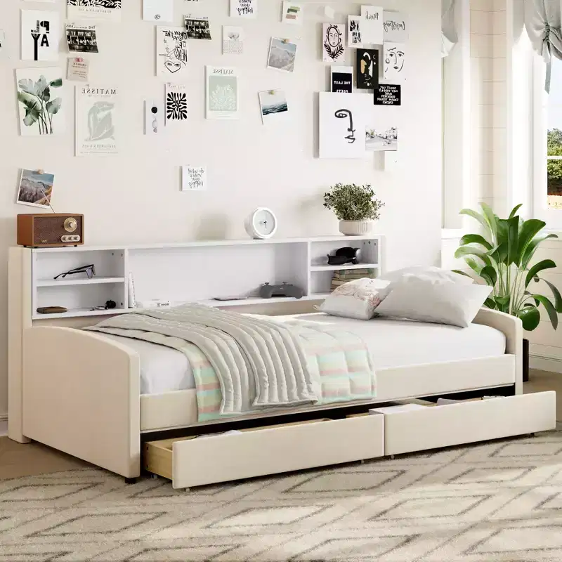 Twin Size Daybed Frame with 2 Storage Drawers and Side Storage, Velvet Upholstery