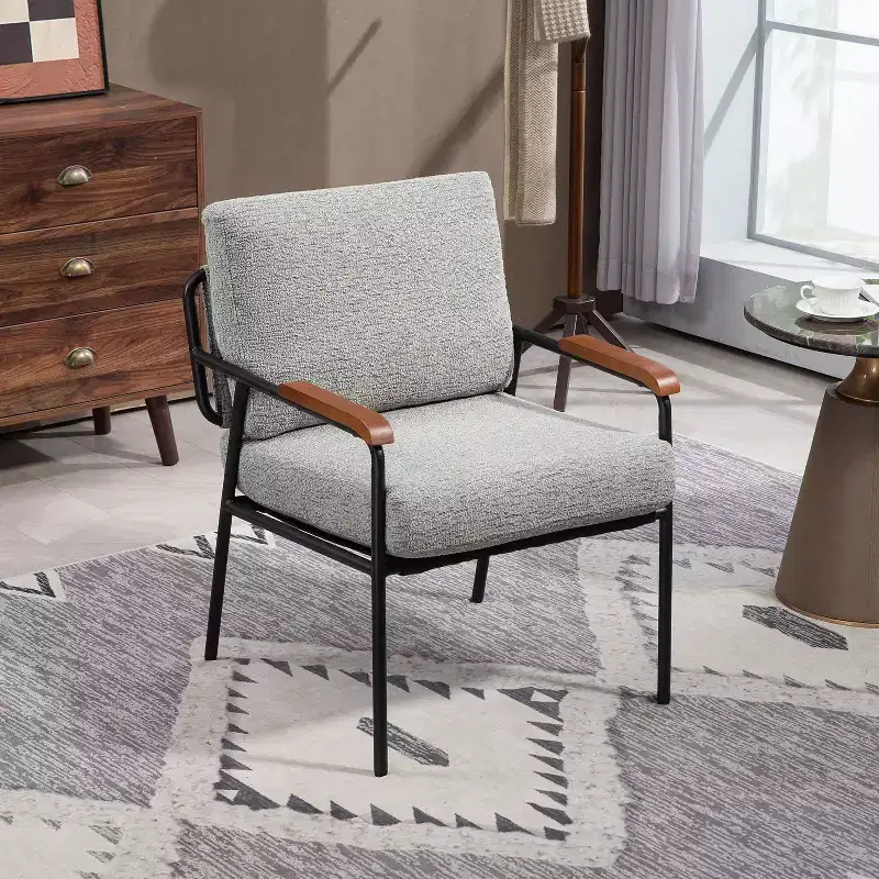 23-Inch Modern Accent Chair with Natural Wood Armrests, Upholstered Reading Chair with Black Metal Frame Lounge Chair for Living Room and Bedroom