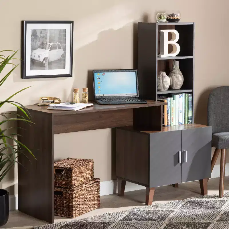 White Wood Writing Desk with Keyboard Tray and Storage Shelf
