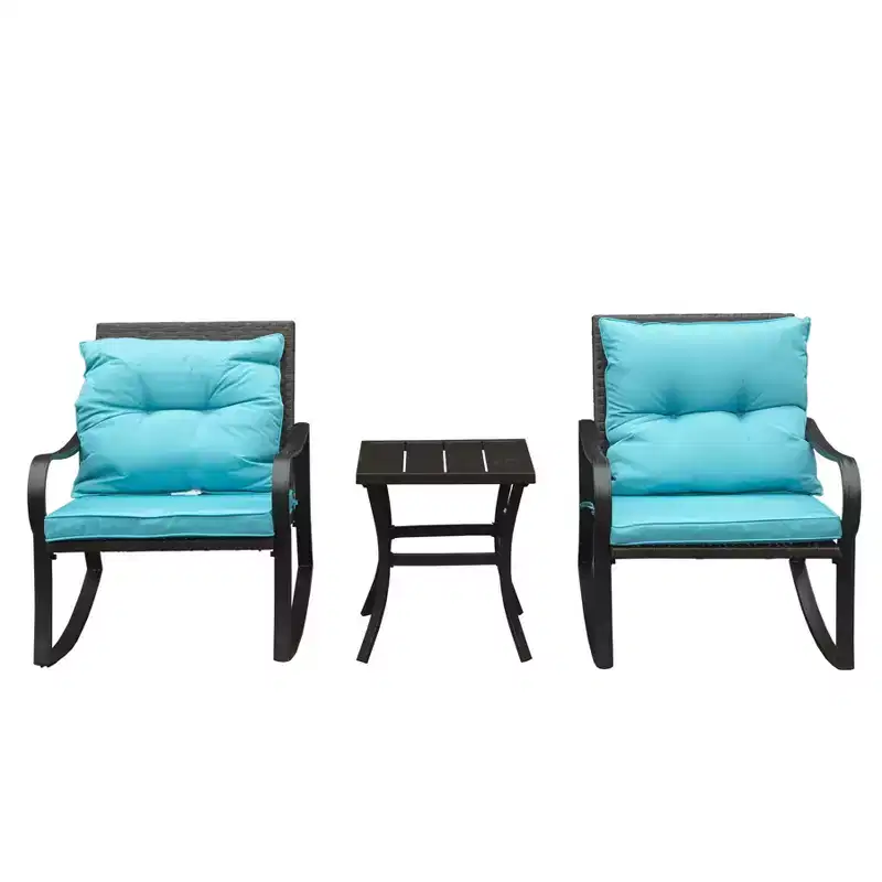 GDFStudio Velmora 3 Piece Outdoor Wicker and Metal Rocking Chat Set with Cushions