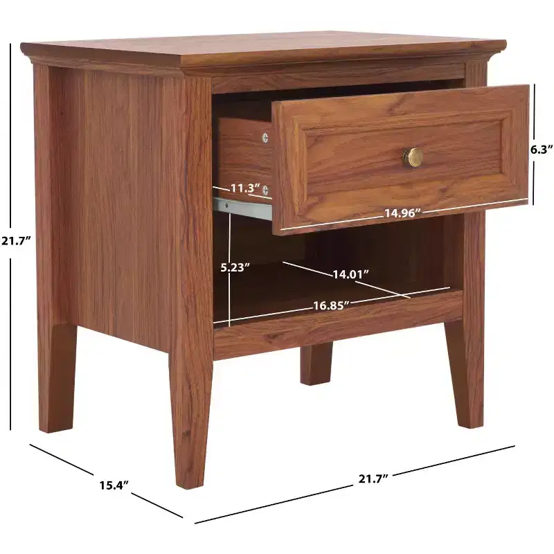 1-Drawer 1-Shelf Nightstand with Gold Pulls, Walnut Finish Bedside Table