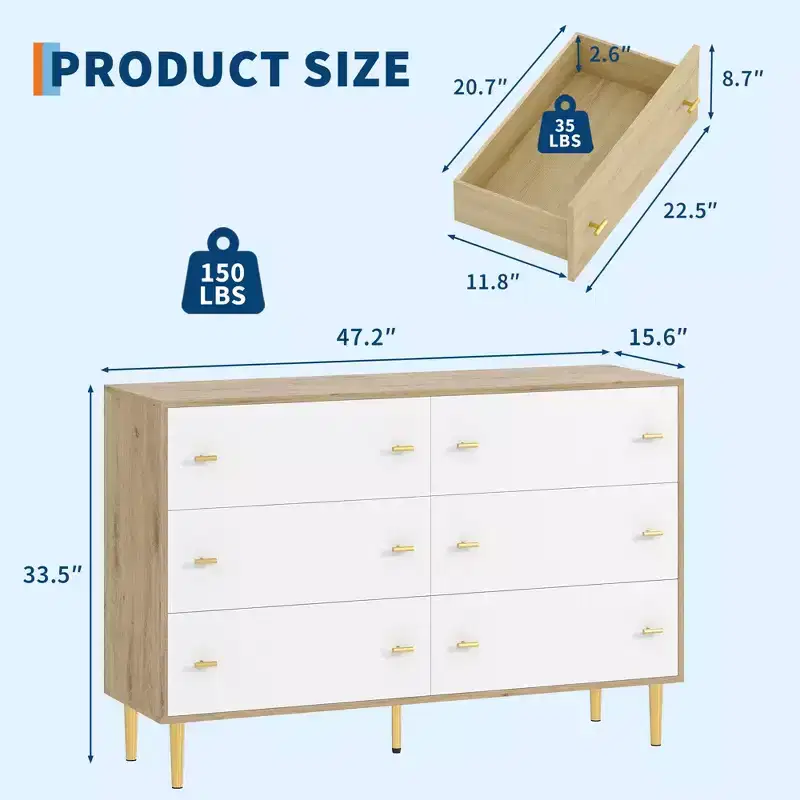 47.2 Wide 6-Drawer Rustic Wood Dresser with Bar Handles, Storage Chest of Drawers for Bedroom, Living Room & Hallway