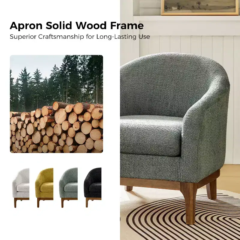 Boucle Barrel Armchair Set of 2 Solid Wood Legs High-Density Foam Dual-Sided Cushion