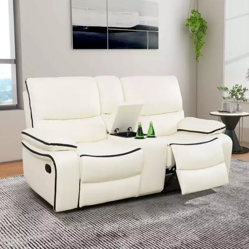 MAYEERTY Power Reclining Loveseat, Electric 2-Seat Breathable Leather Recliner with Storage & Cup Holders for Living Room, White