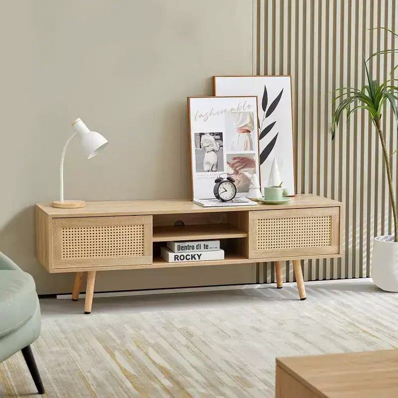 55.12 Rattan TV Cabinet TV Stand With Open Storage Shelves Double Sliding Doors Solid Wood Legs Media Console Table For Living Room Bedroom