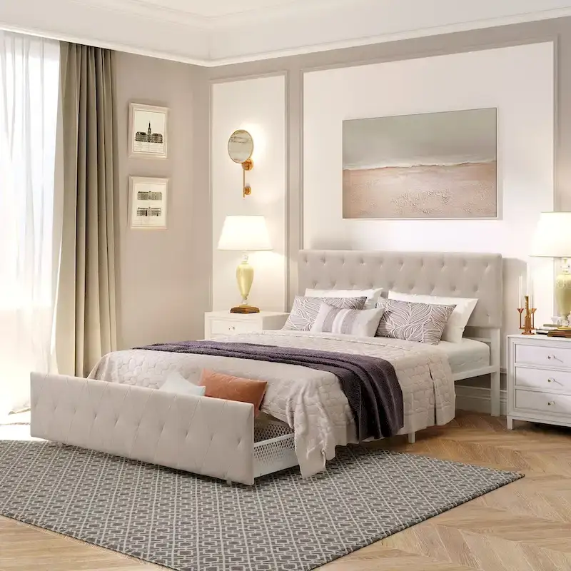 Linen Platform Bed – Gray / Beige, Metal Frame, 1 Large Pull-Out Drawer, Full / Queen, Sleeps 1