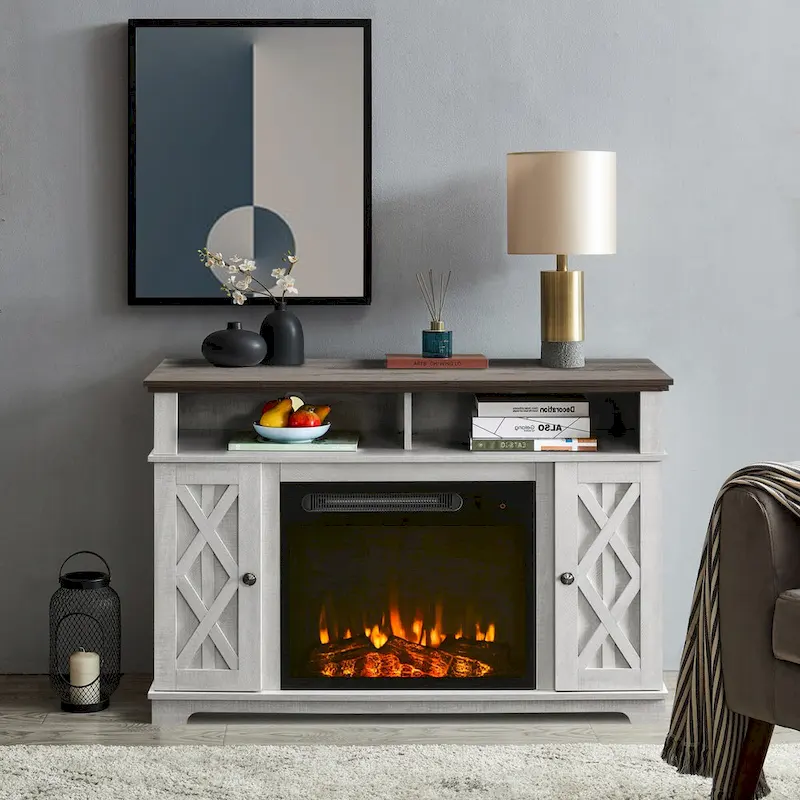 48 in. White TV Stand for TVs up to 55 in. with Electric Fireplace