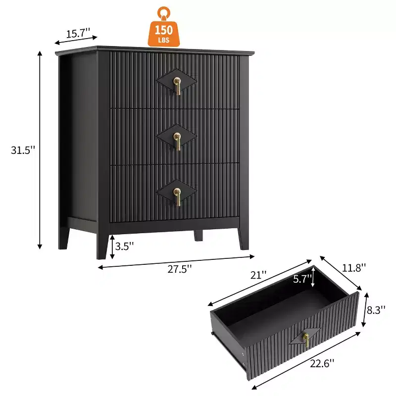 Wood Nightstand Fluted Dresser,3-Drawer Bedside Table - Modern Chest for Bedroom, Living Room, Hallway & Entryway Storage