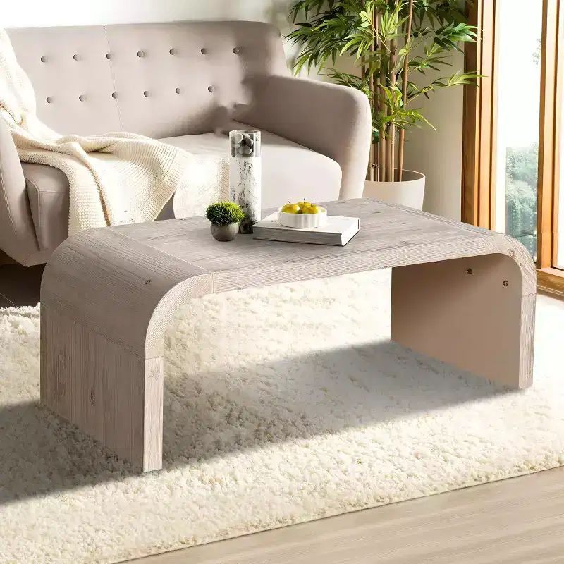 Center Table, Farmhouse Vintage Crafts Wood Coffee Table, Rectangular Modern Minimalistic Curved Art Deco Design Side Table White