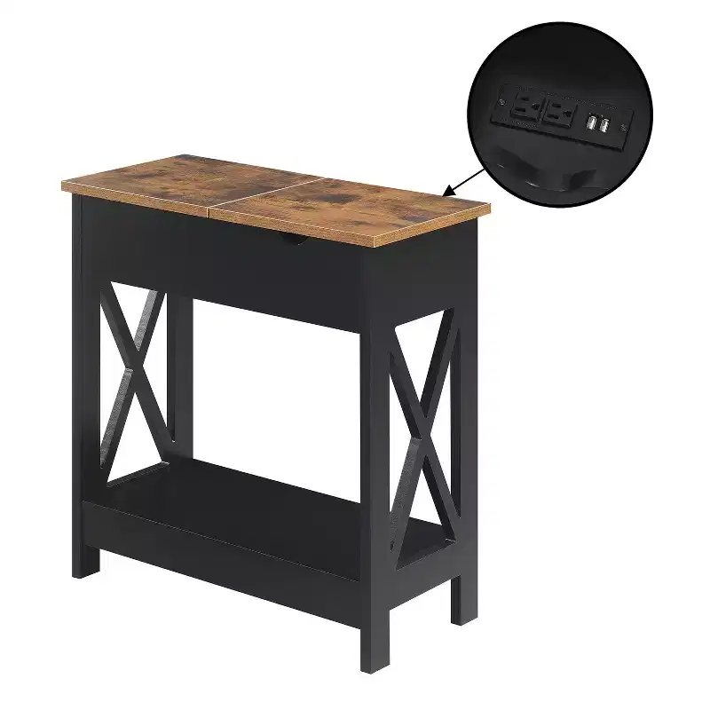 Belmont Flip Top End Table with Charging Station and Shelf, Two Tone Finish, Modern Chairside Table with Hidden Storage and Display