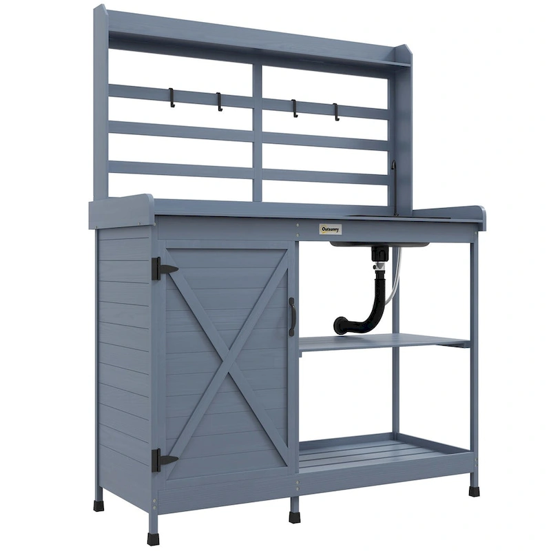 Wooden Potting Bench, Outdoor Potting Table with Storage Cabinet Shelves, Sink, Water Tap, Wood Table Top for Backyard