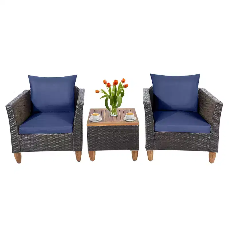 Costway 3PCS Patio Wicker Rattan Sofa Set Furniture Acacia Wood Conversation Grey/Red/Turquoise/Navy/Black/Mix Brown