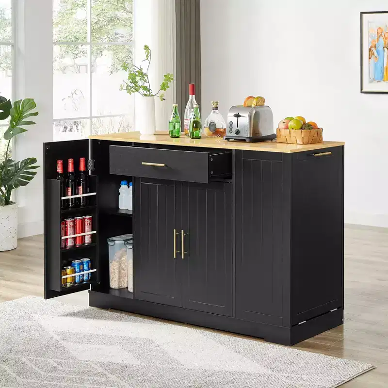 Okak Modrn Kitchen Island with Doors & Center Drawer & Trash Can Storage,Storage Cabinet Dining Sideboard for Kitchen,Dining Room