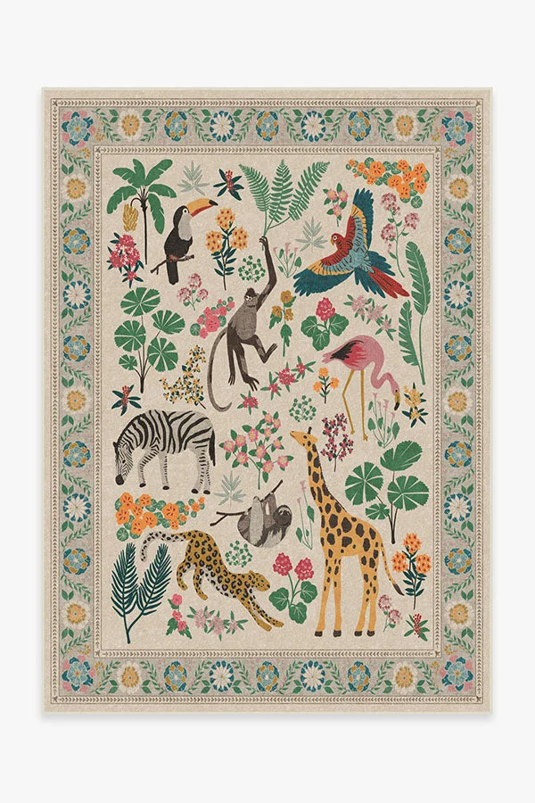 Tropical Artistic Flatwoven Rug with Washable Colorful Jungle Animal Pattern for Living Room & Kids Room