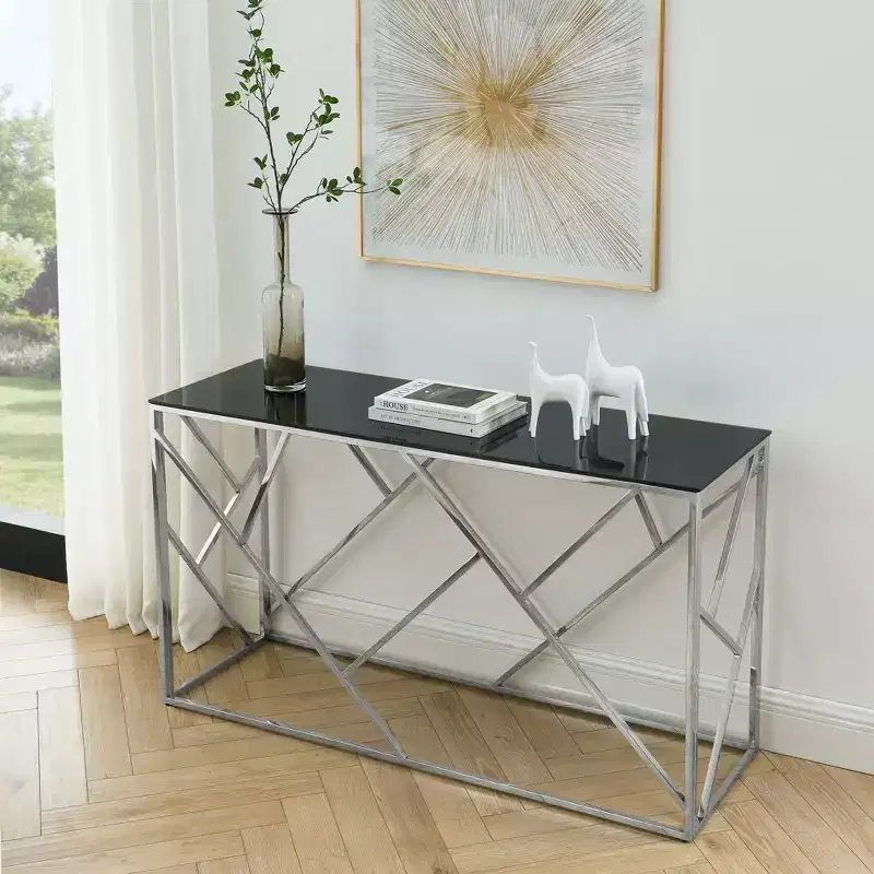 Okak Modern Console Table with Tempered Glass Top, Accent Table with Stylish Sturdy Metal Frame, Hallway Table for Living Room, Foyer